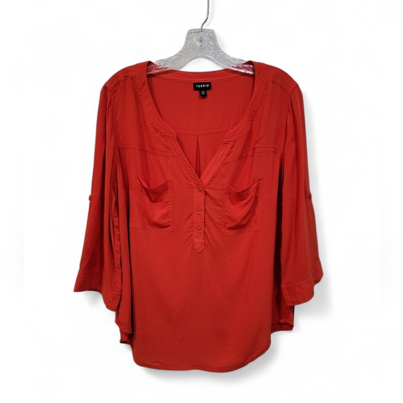 Torrid Orange 3/4‎ Tab Sleeve Rayon V-Neck Blouse M/L - Picture 2 of 6